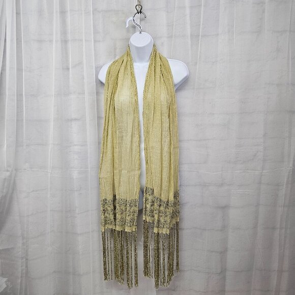 Green Boho Sheer Beaded Embroidered Shimmery Fringed Scarf - Picture 12 of 12